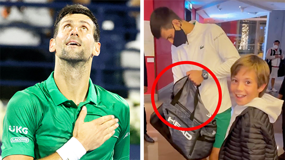 Novak Djokovic (pictured left) celebrating after a match and (pictured right) gifting a fan some memoribilia.