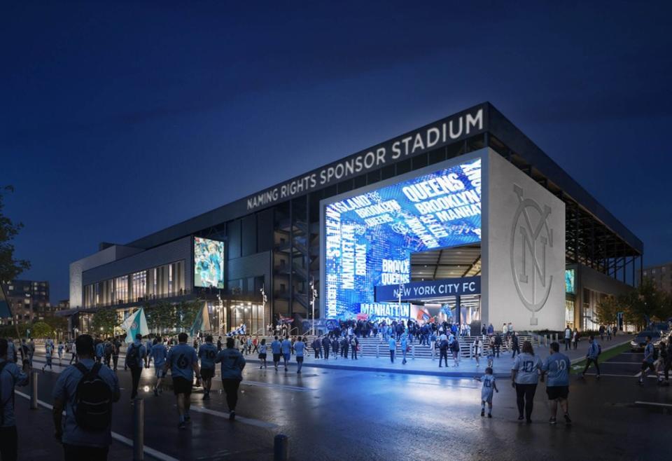 Renderings of the new NYCFC stadium due to open in 2027. NYCFC