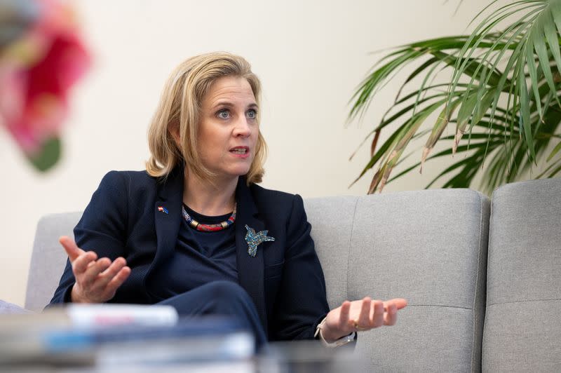 Beate Meinl-Reisinger, leader of Austria's liberal, opposition Neos party, gestures during Reuters interview in Vienna