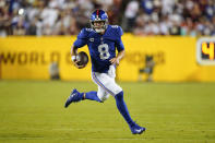 New York Giants quarterback Daniel Jones (8) runs downfield with the ball during the first half of an NFL football game against the Washington Football Team, Thursday, Sept. 16, 2021, in Landover, Md. (AP Photo/Patrick Semansky)