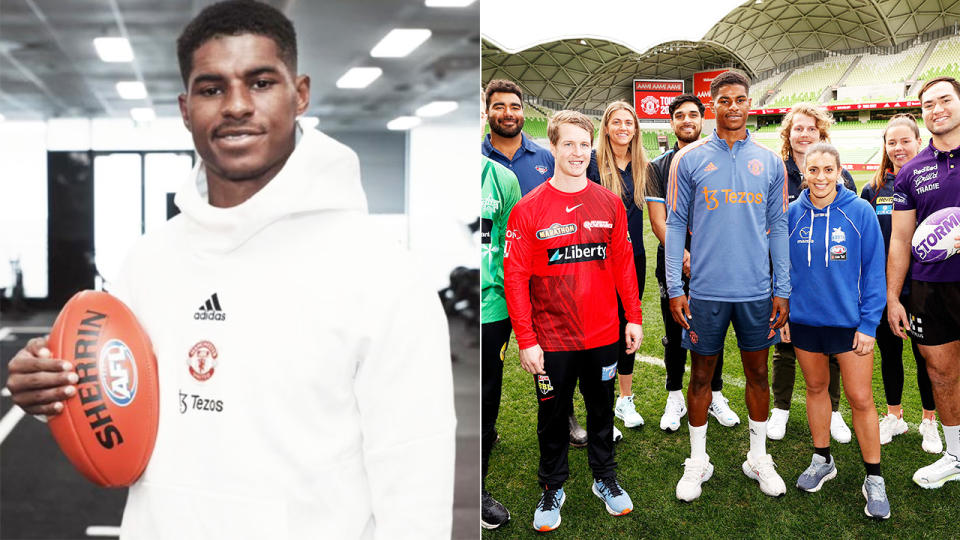 Marcus Rashford is pictured clutching a Sherrin on the left, and with a group of players from rival Melbourne sporting codes on the right.