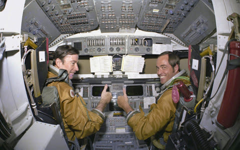 Commander John Young (l) and Robert Crippen during training in 1980 for the first space shuttle mission - Credit: Nasa via AP