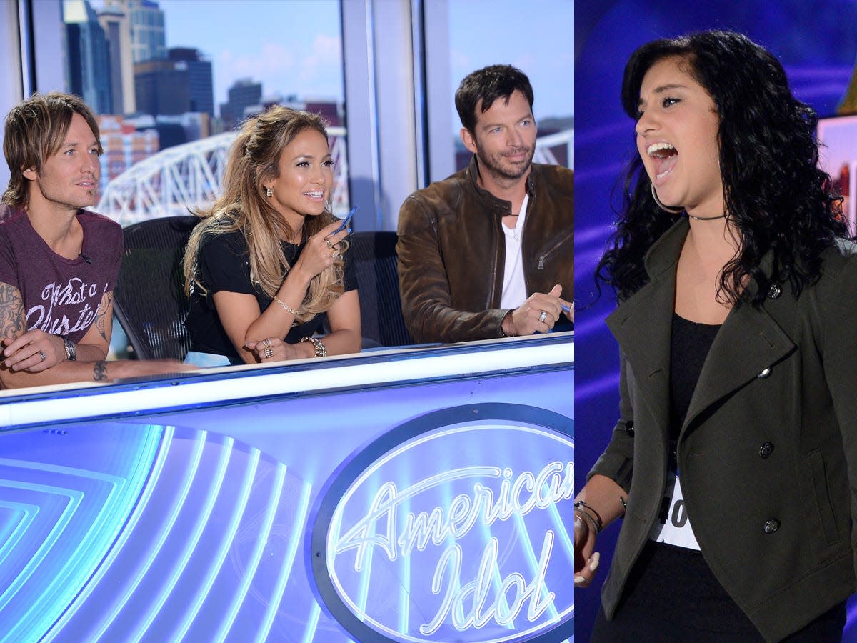 Keith Urban, Jennifer Lopez and Harry Connick Jr. sit at "American Idol" table; Jena Irene Asciutto auditions for show