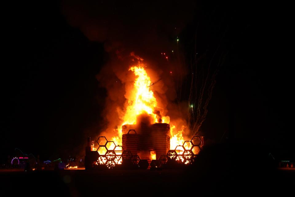 The Man burns at Burning Man on Labor Day.