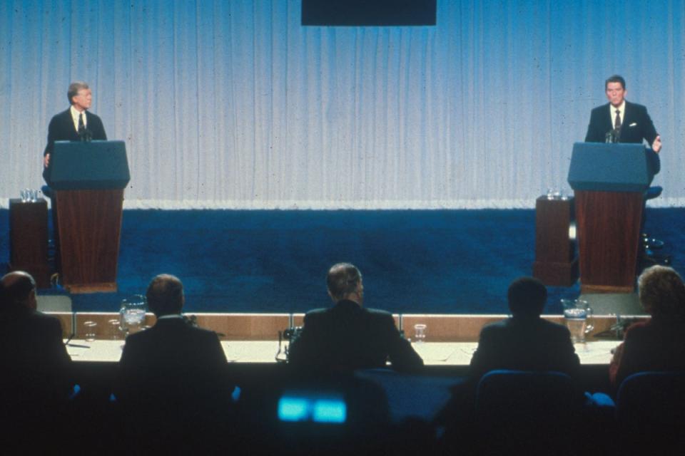 Jimmy Carter and Ronald Reagan debate each other on October 31, 1980 (Getty Images)