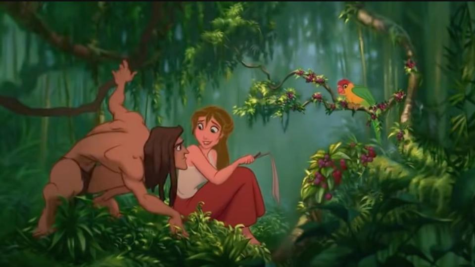 Tarzan sneaking up on Jane as she sketches birds in Tarzan