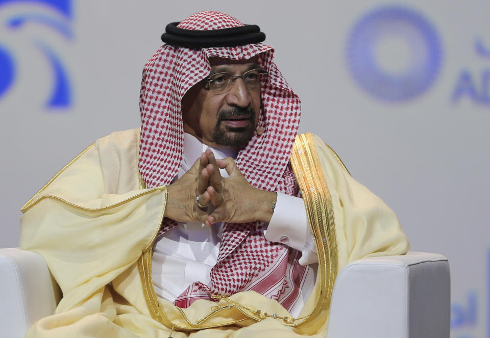 Khalid Al-Falih, Saudi Energy and Oil Minister, talks during the opening ceremony of the Abu Dhabi International Exhibition & Conference, ADIPEC, in Abu Dhabi, United Arab Emirates, Monday, Nov.12, 2018. OPEC and allied oil-producing countries likely need to cut crude supplies to rebalance the market after proposed U.S. sanctions on Iran failed to cut Tehran's ouput, top Saudi and Emirati energy officials said Monday. (AP Photo/Kamran Jebreili)