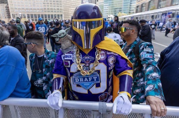 Chris Contreras of California wears a Minnesota Vikings stormtrooper outfit in the front row at the 2024 NFL Draft on Thursday in Detroit. Photo by Rena Laverty/UPI