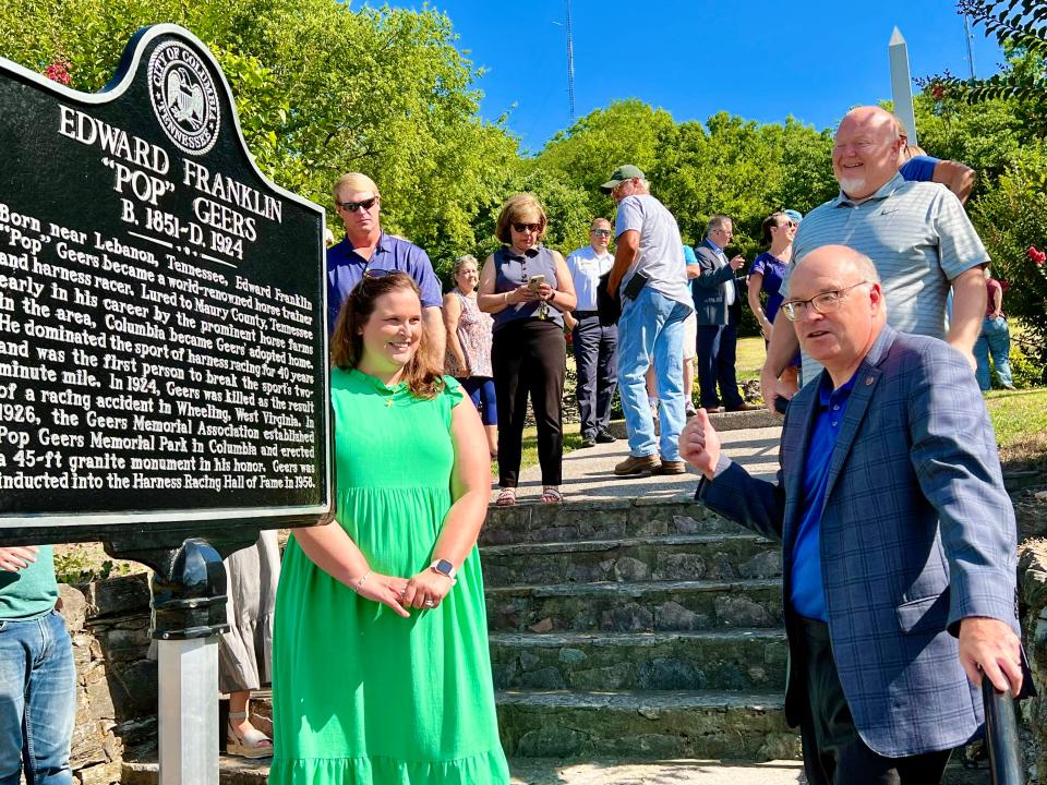 City Manager Tony Massey, right, speaks to the significance of Columbia's Pop Geers Memorial Park during the park's historical marker dedication on Thursday, June 23, 2022.