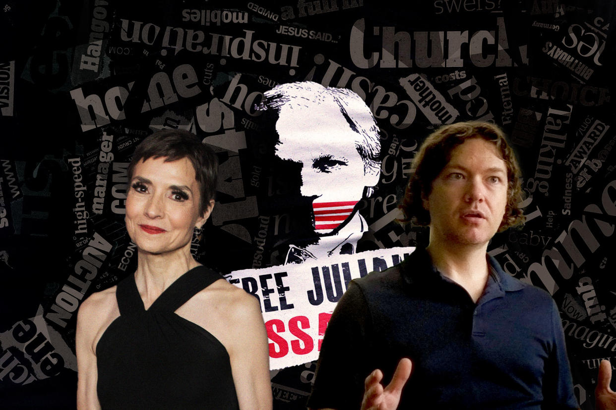 Catherine Herridge and Tim Burke in front of a Julian Assange poster Photo illustration by Salon/Getty Images/Netlix