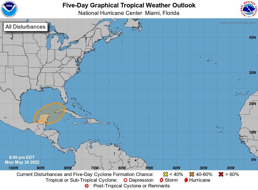 A five-day graphical tropical weather outlook for the Atlantic on Monday, May 30, 2022, shows a possible formation in the Gulf of Mexico.