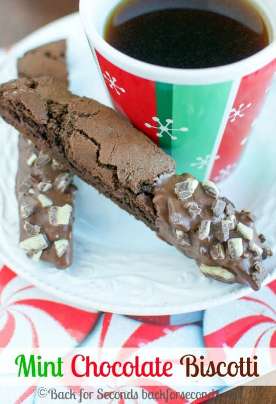 <p>Back For Seconds</p><p>Mint Chocolate Biscotti is the perfect cookie for dunking in coffee. Chocolate biscotti with chocolate chips, and peppermint, dunked in melted Andes! </p><p>Get the recipe: <a href="http://backforseconds.com/andes-mint-chocolate-biscotti/" rel="nofollow noopener" target="_blank" data-ylk="slk:Mint Chocolate Biscotti.;elm:context_link;itc:0;sec:content-canvas" class="link rapid-noclick-resp"><strong>Mint Chocolate Biscotti.</strong></a></p>