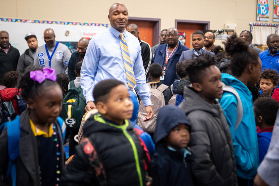 Michael Pratt leads the Fatherhood Friday group at Buena Vista Elementary in Nashville, Tenn.