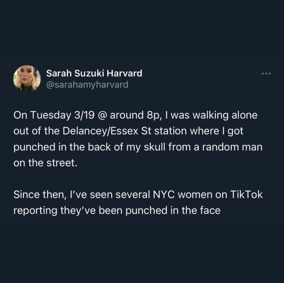 Another women revealed her ordeal outside a subway stop on the Lower East Side. Harvard, a 29-year-old copywriter and comedian, said she had not made a police report. Sarah Suzuki Harvard/ Instagram