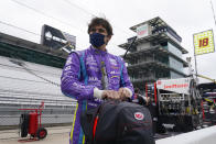 Pietro Fittipaldi, of Brazil, waits in the pits during testing at the Indianapolis Motor Speedway, Thursday, April 8, 2021, in Indianapolis. (AP Photo/Darron Cummings)