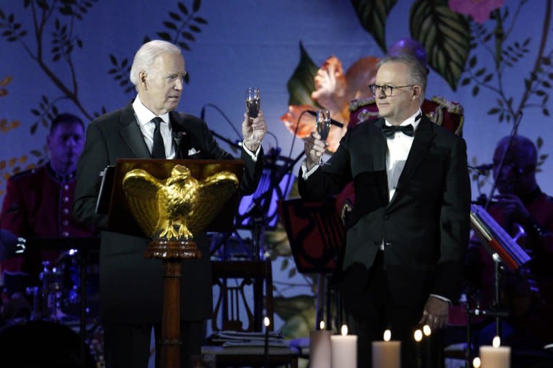 U.S. President Joe Biden toasts with Australian Prime Minister Anthony Albanese during a state dinner at the White House in Washington, D.C., on Wednesday. Photo by Yuri Gripas/UPI