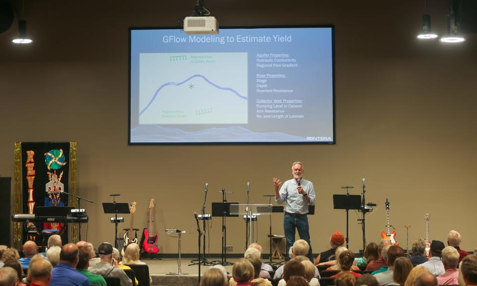 Jack Wittman, vice president of eastern water for INTERA Inc., explains some of the findings from the company's initial testing of the aquifer in Lafayette, on Thursday, Sept. 28, 2023, at Church Alive, in Lafayette.