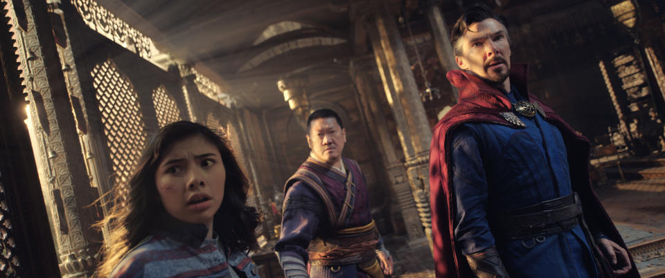 (L-R): Xochitl Gomez as America Chavez, Benedict Wong as Wong, and Benedict Cumberbatch as Dr. Stephen Strange - Credit: Disney