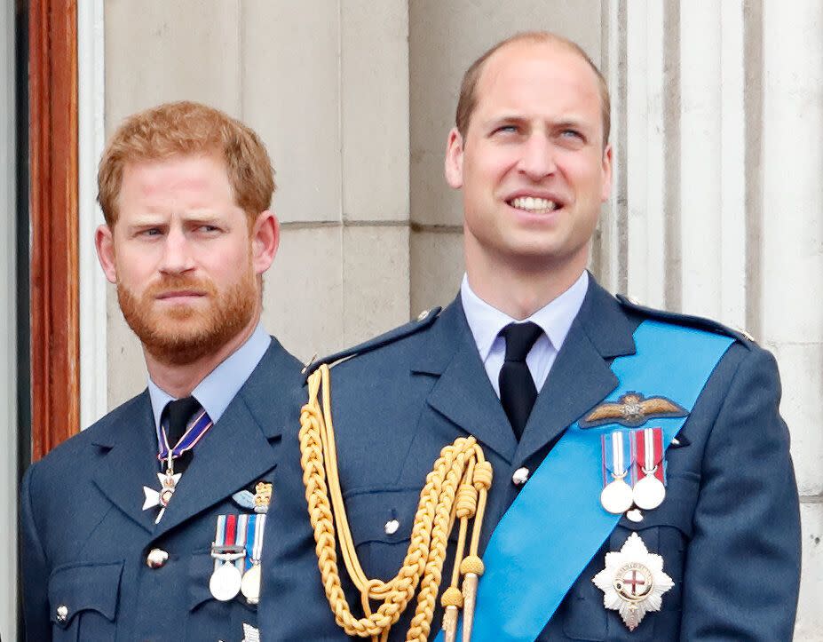 The Duke of Sussex and Duke of Cambridge mark the centenary of the Royal Air Force from the balcony of Buckingham Palace on July 10, 2018. (Max Mumby/Indigo via Getty Images)