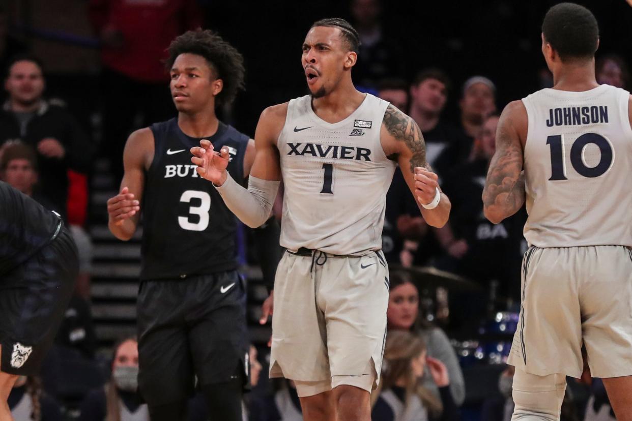 Mar 9, 2022; New York, NY, USA; Xavier Musketeers guard Paul Scruggs (1) reacts after being called for a foul in the first half against the Butler Bulldogs at the Big East Conference Tournament at Madison Square Garden. Mandatory Credit: Wendell Cruz-USA TODAY Sports