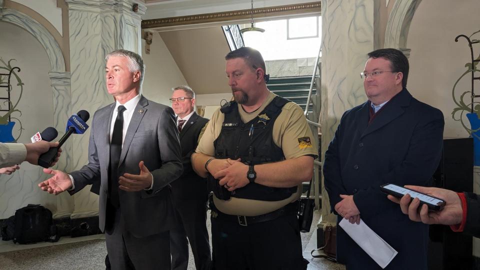 South Dakota Attorney General Marty Jackley and Moody County Sheriff Troy Wellman address media after first hearing in the Joseph Hoek murder case Feb. 9, 2024.