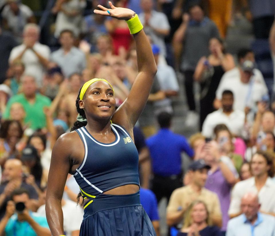 Coco Gauff celebrates after defeating Tatjana Maria in the second round of the US Open.