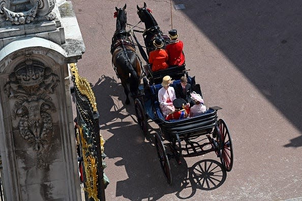 Prince Edward, Earl of Wessex, Sophie, Countess of Wessex, Lady Louise Windsor and James, Viscount Severn in a horse-drawn carriage at Trooping the Colour.