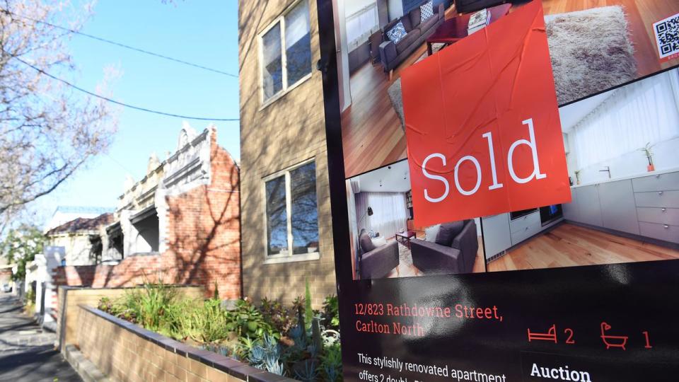 Signage for a real estate property is seen in Carlton North, Melbourne