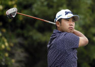 Hideki Matsuyama, of Japan, watches his tee shot on the 16th hole during the second round of the AT&T Byron Nelson golf tournament in McKinney, Texas, Friday, May 14, 2021. (AP Photo/Ray Carlin)