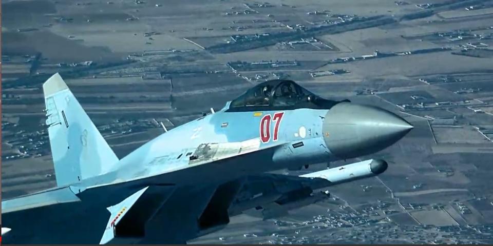 A Russian fighter flies dangerously close to a US MQ-9 before deploying flares from a position directly over an MQ-9 drone on a defeat-ISIS mission in Syria July 23, 2023.