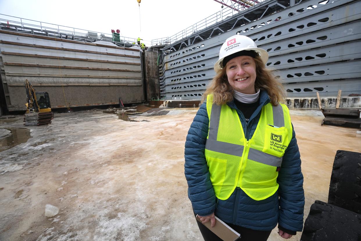 Madeline Heim, who covers the Mississippi River basin for the Milwaukee Journal Sentinel, is shown Jan. 30 at Lock and Dam No. 2 on the Mississippi River in Hastings, Minnesota.