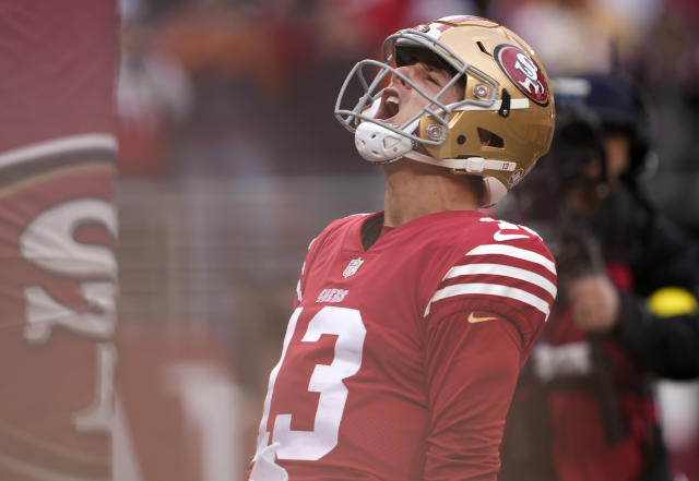 San Francisco 49ers Brock Purdy in action, throws the football vs