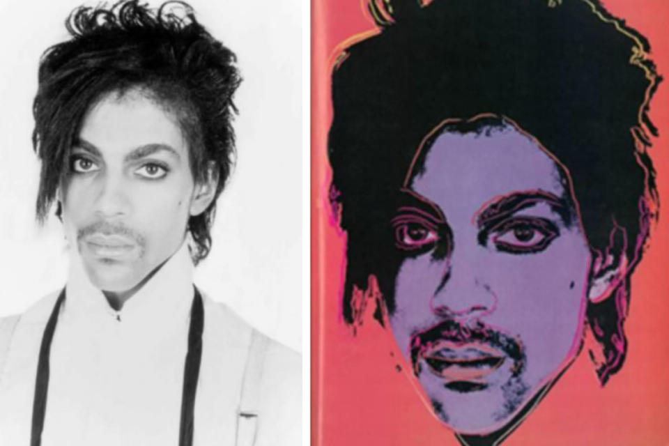 The original Lynn Goldsmith photograph of Prince and Andy Warhol's portrait of the musician. (Lynn Goldsmith; Andy Warhol Foundation for the Visual Arts)