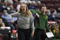Baylor head coach Nicki Collen gestures in the second half of an NCAA college basketball game against Michigan, Sunday, Dec. 19, 2021, in Uncasville, Conn. (AP Photo/Jessica Hill)