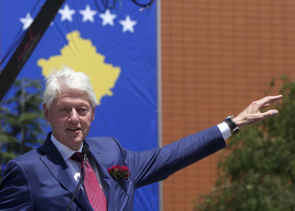 Former U.S. President Bill Clinton speaks and gestures during anniversary celebrations in the capital Pristina, Kosovo, Wednesday, June 12, 2019. It’s exactly 20 years since NATO forces set foot in the former Yugoslav province, after an allied bombing campaign ended Serbia’s bloody crackdown on an insurrection by the majority ethnic Albanian population in Kosovo _ revered by Serbs as their historic and religious heartland. (AP Photo/Visar Kryeziu)