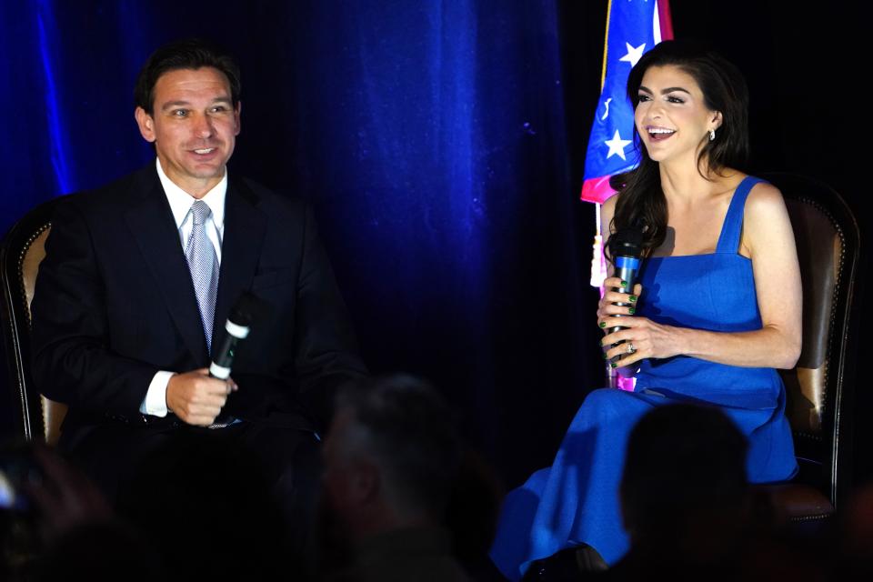 Florida Gov. Ron DeSantis delivers a speech before party members, headlining the Butler County GOP Lincoln Day dinner.