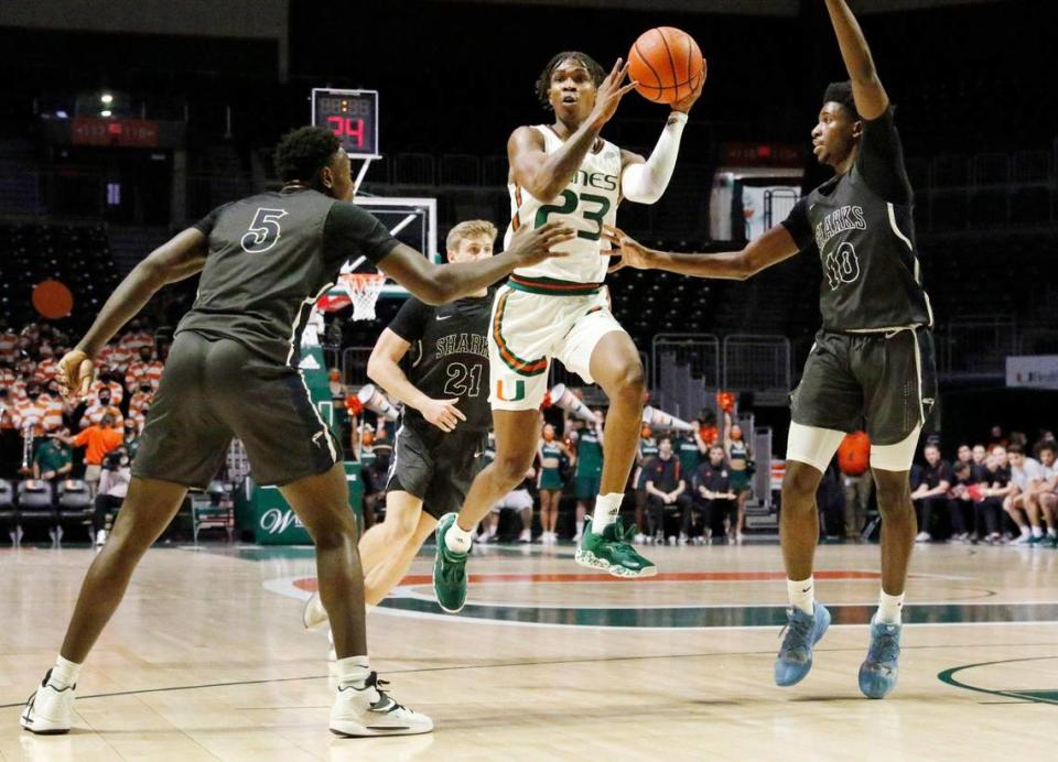 UM Hurricane Kameron McGusty (23) looks to pass the ball while Hurricanes host Nova Southeastern Sharks on Wednesday, October 20, 2021 at Watsco Center in Coral Gables