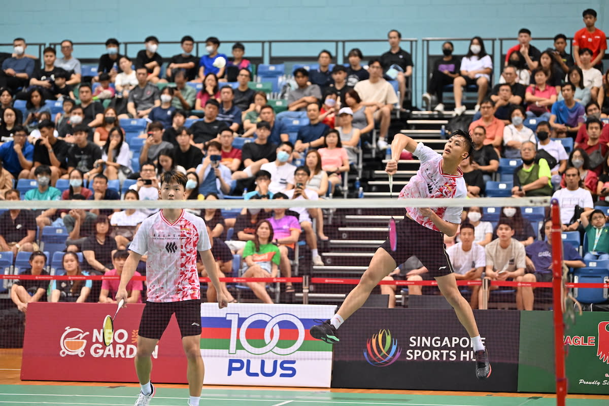 Singapore's men's doubles duo Nge Joo Jie (left) and Johann Prajogo in action at the National Open Championships final. (PHOTO: Singapore Badminton Association)