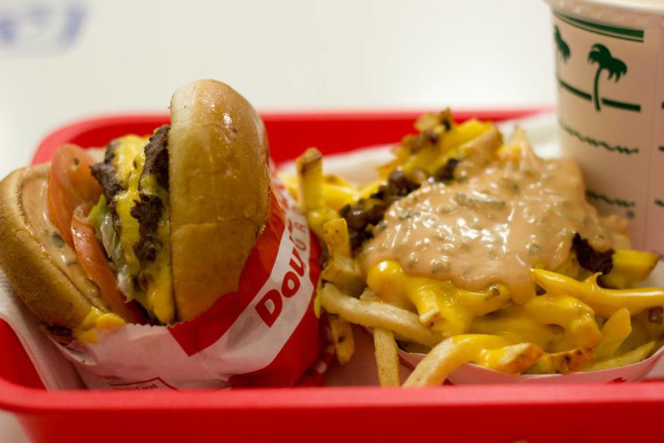 A Double-Double, fries and drink at In-N-Out Burger.