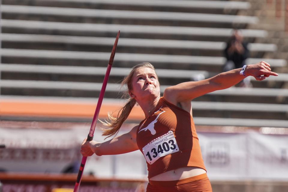 Texas' Kristine Blazevica competes in the women's javelin during the heptathlon competition at the Texas Relays on March 28. The Longhorns have won the last three Big 12 outdoor women's team titles and are going for a fourth straight this week in Waco.