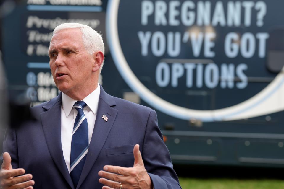 Former Vice President Mike Pence speaks to reporters after touring a mobile ultrasound unit on Thursday, May 5, 2022, in Spartanburg, S.C. Pence made his second trip to the state in less than a week to headline a fundraiser for a crisis pregnancy center in early-voting South Carolina as he continues to mull a possible 2024 presidential bid. (AP Photo/Meg Kinnard)