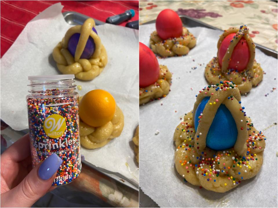 Small circular colored sprinkles on sticking to the dough and on the dough crosses.