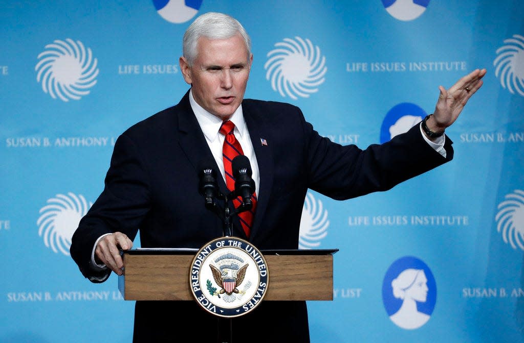 Vice President Mike Pence speaks at the Susan B. Anthony List & Life Institute Luncheon Tuesday, Feb. 27, 2018, in Nashville, Tenn. (AP Photo/Mark Humphrey)