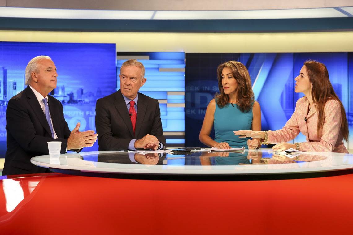 Then-Mayor Carlos Gimenez, left, and Raquel Regalado, far right, debated live for the Miami-Dade mayor’s race on “This Week in South Florida” with hosts Michael Putney and Glenna Milberg at WPLG’s studios in Hollywood, Florida, on Sunday, Aug. 14, 2016.