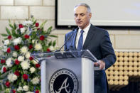 Major League Baseball Commissioner Rob Manfred speaks during "A Celebration of Henry Louis Aaron," a memorial service celebrating the life and enduring legacy of the late Hall of Famer and American icon, on Tuesday, Jan. 26, 2021, at Truist Park in Atlanta. (Kevin D. Liles/Atlanta Braves via AP Pool)