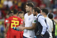 <p>Gareth Southgate talks to Gary Cahill in an effort to turn around England’s night </p>