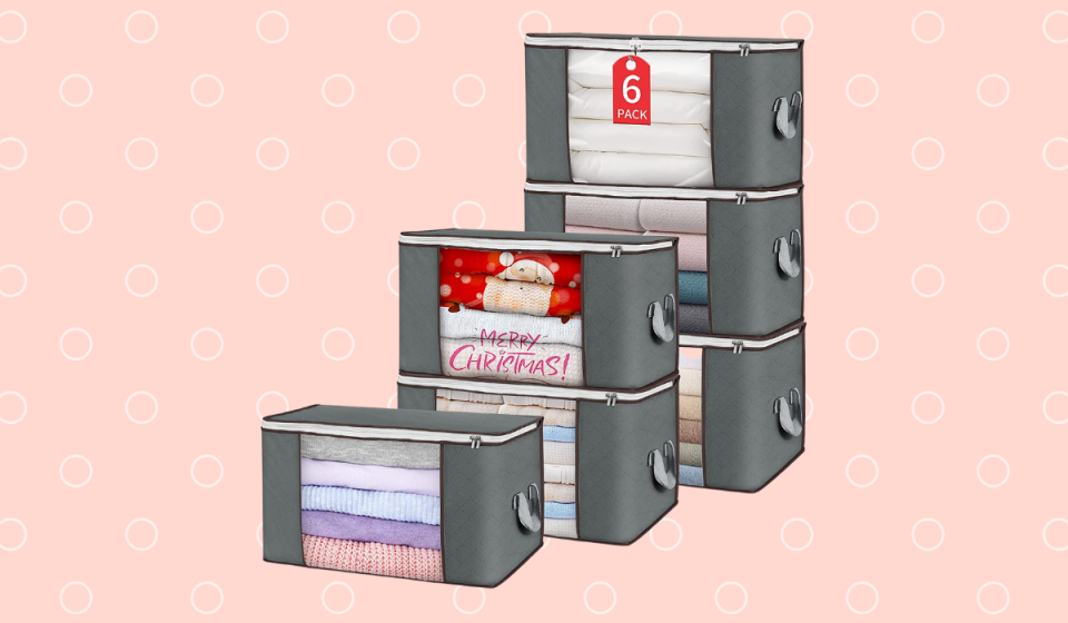 Six fabric-sided storage bins with clear windows.