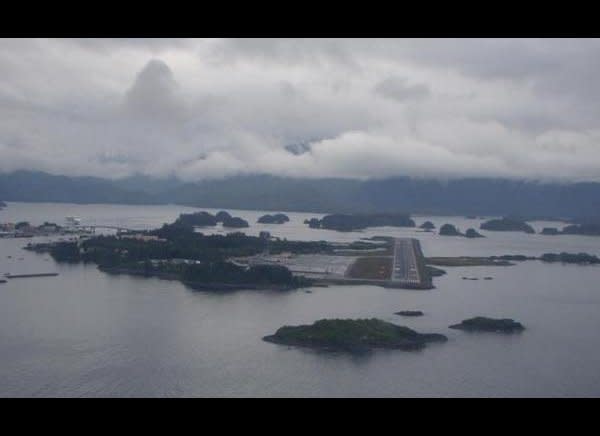 Sitka's airport is located on a tiny island in Sitka Sound and is almost completely surrounded by water. Weather can be unpredictable, so pilots have to watch out for boulders and other debris that often wash onto its only runway during storms.    (Photo: Courtesy Jenna Collee)