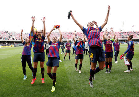 FILE PHOTO: Soccer Football - Women's Champions League - Semi Final Second Leg - FC Barcelona v Bayern Munich - Mini Estadi, Barcelona, Spain - April 28, 2019 Barcelona players celebrate after the match REUTERS/Albert Gea/File Photo