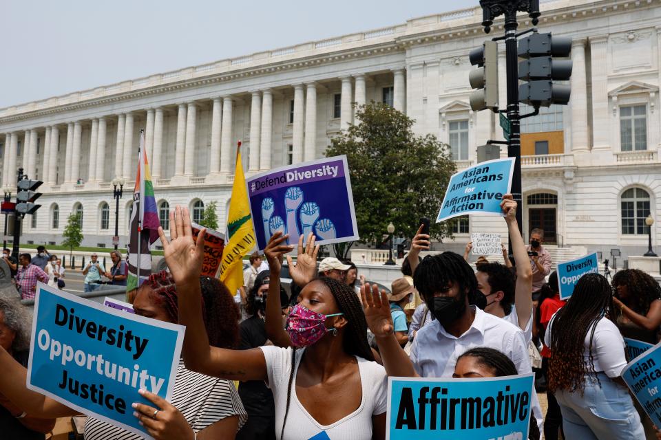 Supporters of affirmative action protest near the U.S. Supreme Court Building on Capitol Hill on June 29, 2023 in Washington, DC.